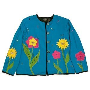 Allure Women's Size XL Cotton Linen Blend Jacket Teal Floral Applique Lined NWT